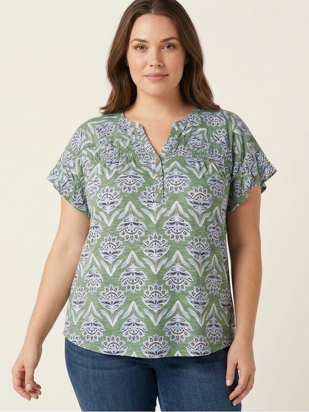 Wonderly Green and White Floral Cotton  Blouse